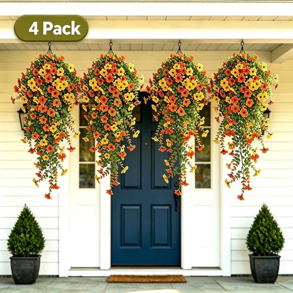 FLOWEROAD 4 Pcs Artificial Hanging Flowers for Outdoor Spring Decor, Rose YELLOW ORANGE UV Resistant Fake Flower Petunias for Outdoor Garden Porch Patio Wedding Decor