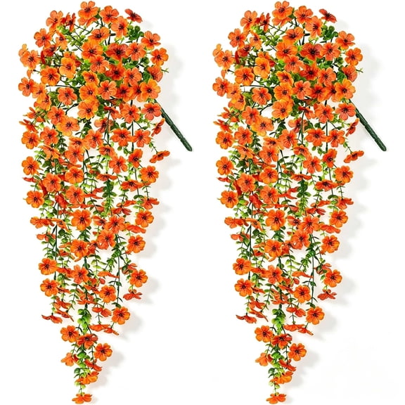 FLOWEROAD Artificial Fall Flowers Outdoors, 2 Pcs Autumn Fake Hanging Flowers Faux Silk Fall Decorations for Home Garden Porch, Orange