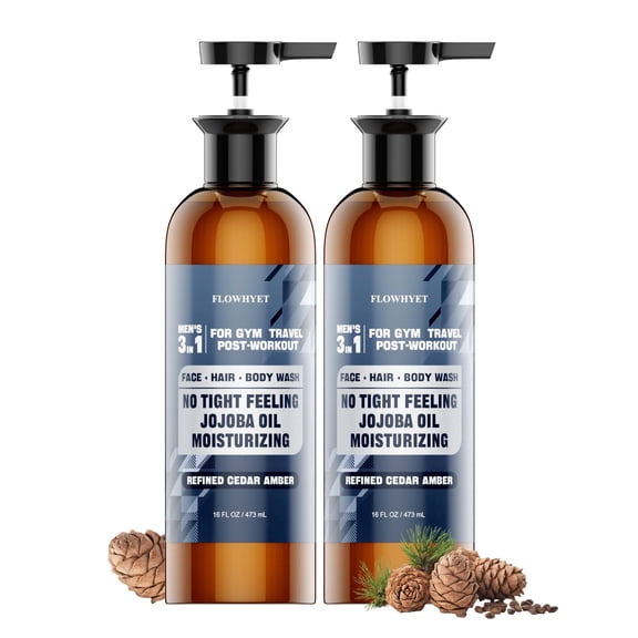 FLOWHYET Mens 3 in 1 Body Wash and Shampoo Face Wash, Shower Gel for Men Body Wash with Jojoba Oil, Men's Shampoo for Post work Travel Body Wash Men for Gym, Cedarwood Amber Scent, 16 oz (Pack of 2)