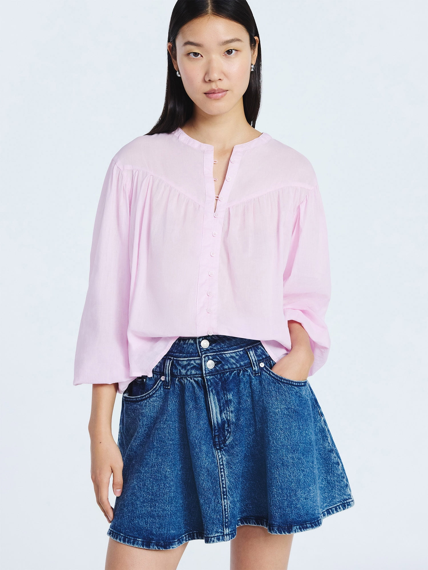 Scoop Women's Flowy Cotton Blouse with Long Sleeves, Sizes XS-XXL