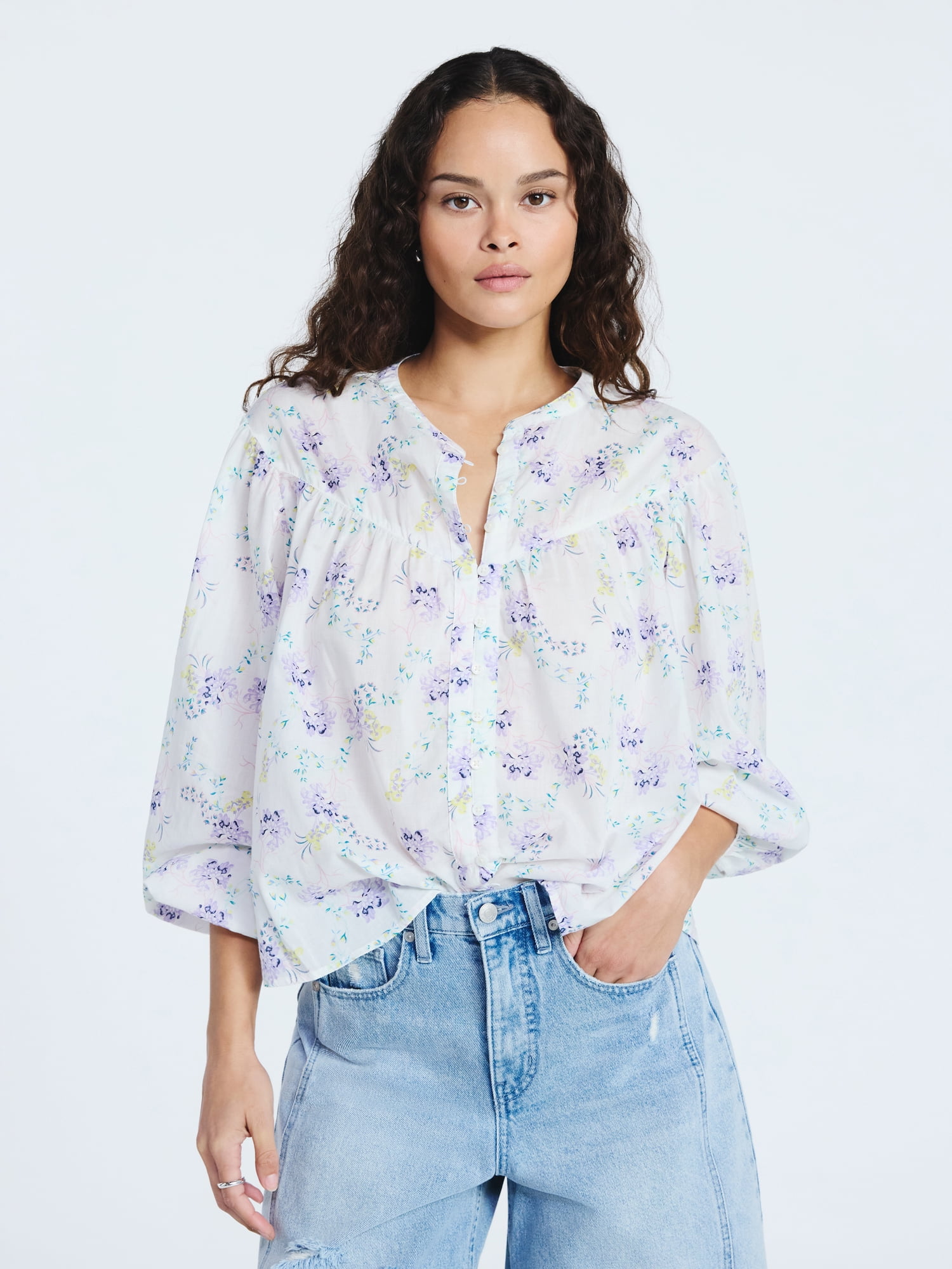 Scoop Women's Flowy Cotton Blouse with Long Sleeves, Sizes XS-XXL