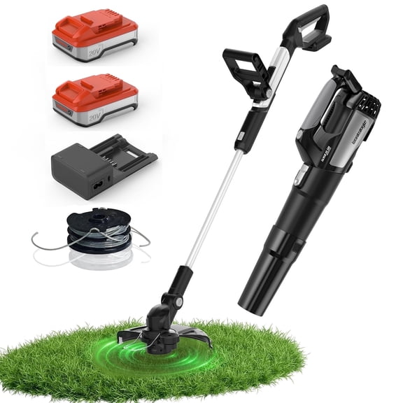 FLOYANT 12in Cordless String Trimmer and Leaf Blower，Cordless Yard Tool Combo Kit with 2.0Ah Battery & Charger，20V Auto Feed String Trimmer and 405 CFM Leaf Blower