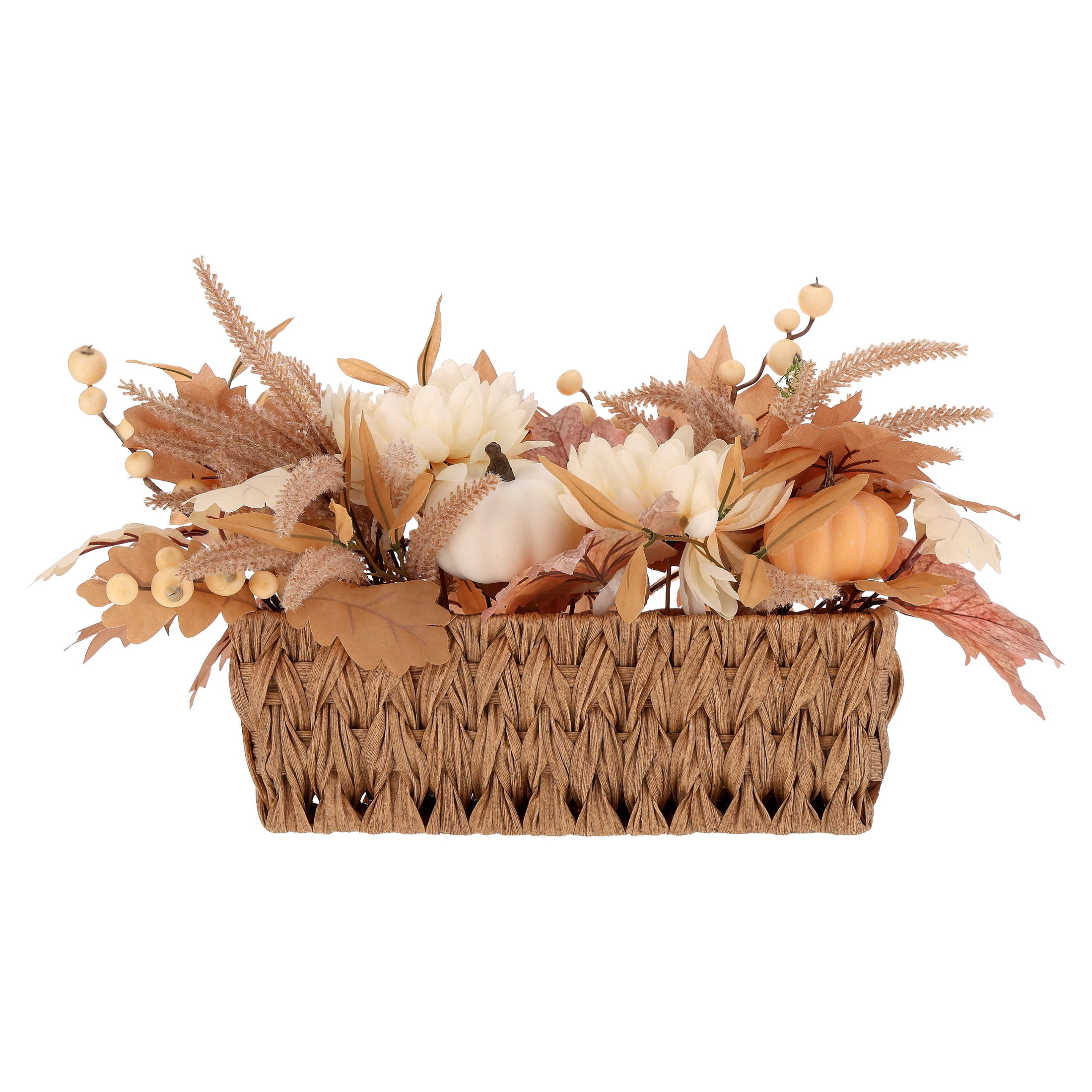 Pumpkins and Flowers Artificial Arrangement in Woven Basket, Cream and Brown, 10" x 18", Fall by Way To Celebrate