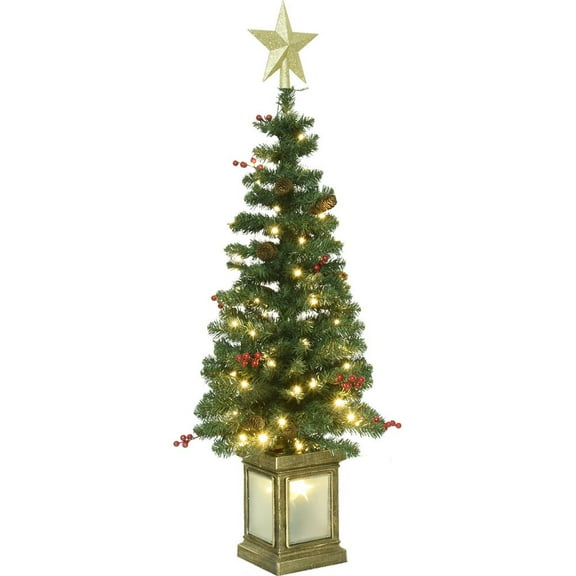 FLROHA 4FT Spruce Christmas Tree, 17.7 Inches Diameter, Pre-Strung with 75 Warm White LED Lights, Long-Lasting LED Bulbs, Tree Bag Storage with 13Pine Cones