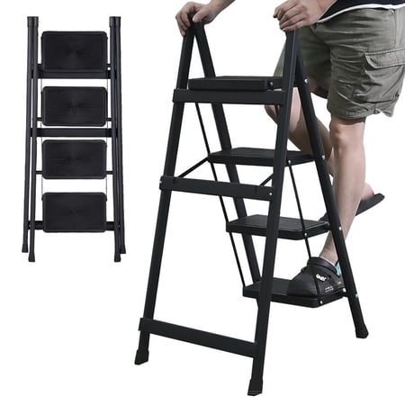 FLROHA Folding Step Ladder 4 Steps Steel Foldable Step Ladder Multifunctional Heavy Duty Anti Slip Stepladder with Soft Rubber Bottom for Home Garden Library right