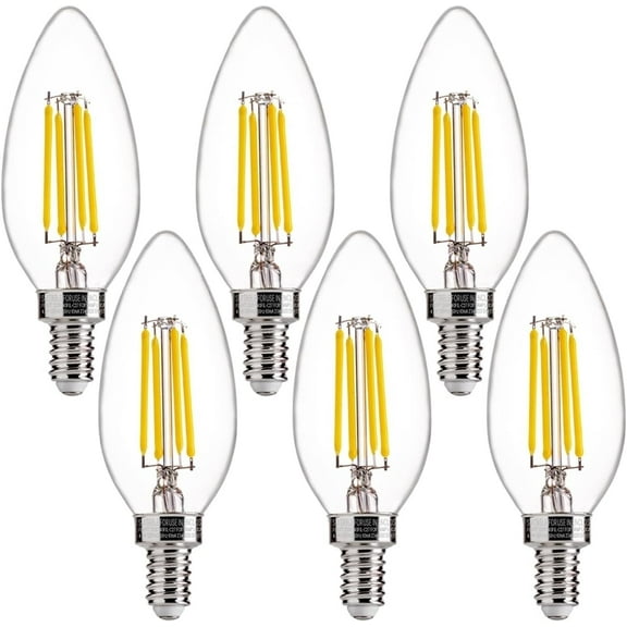 Dimmable E12 B10 Candelabra Bulbs, 4W LED (40W Equivalent), 5000K Daylight, Clear Glass Chandelier Light Bulbs for Ceiling Fan, Vintage Style, 6 Pack