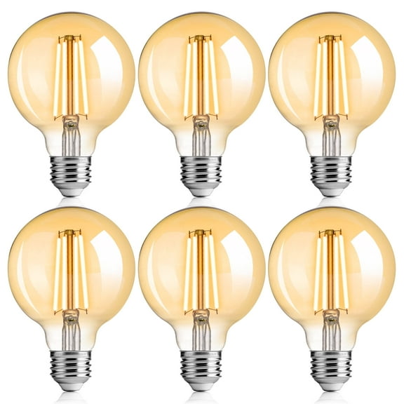 LUZIXIBO 6 Pack G25 LED Globe Edison Bulbs for Bedroom and Living Room, 2200K Warm White, CRI90 Dimmable, 40W Equivalent, 400LM, E26 Base, Amber Glass Decorative Bulbs, UL Listed