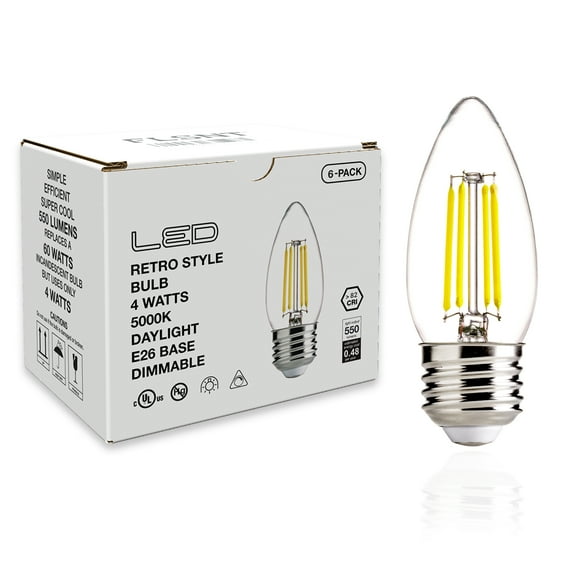 FLSNT Dimmable LED Candelabra Bulbs, 60W Eqv. LED Chandelier Light Bulbs, E26 Base, Soft White, 6-Pack