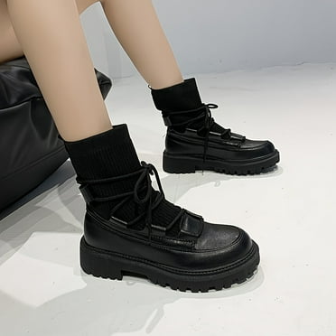 FLTHDD Chic Black Mid-Calf Chelsea Boots with Lace-Up Detail and Chunky Sole - Perfect for Casual Outings