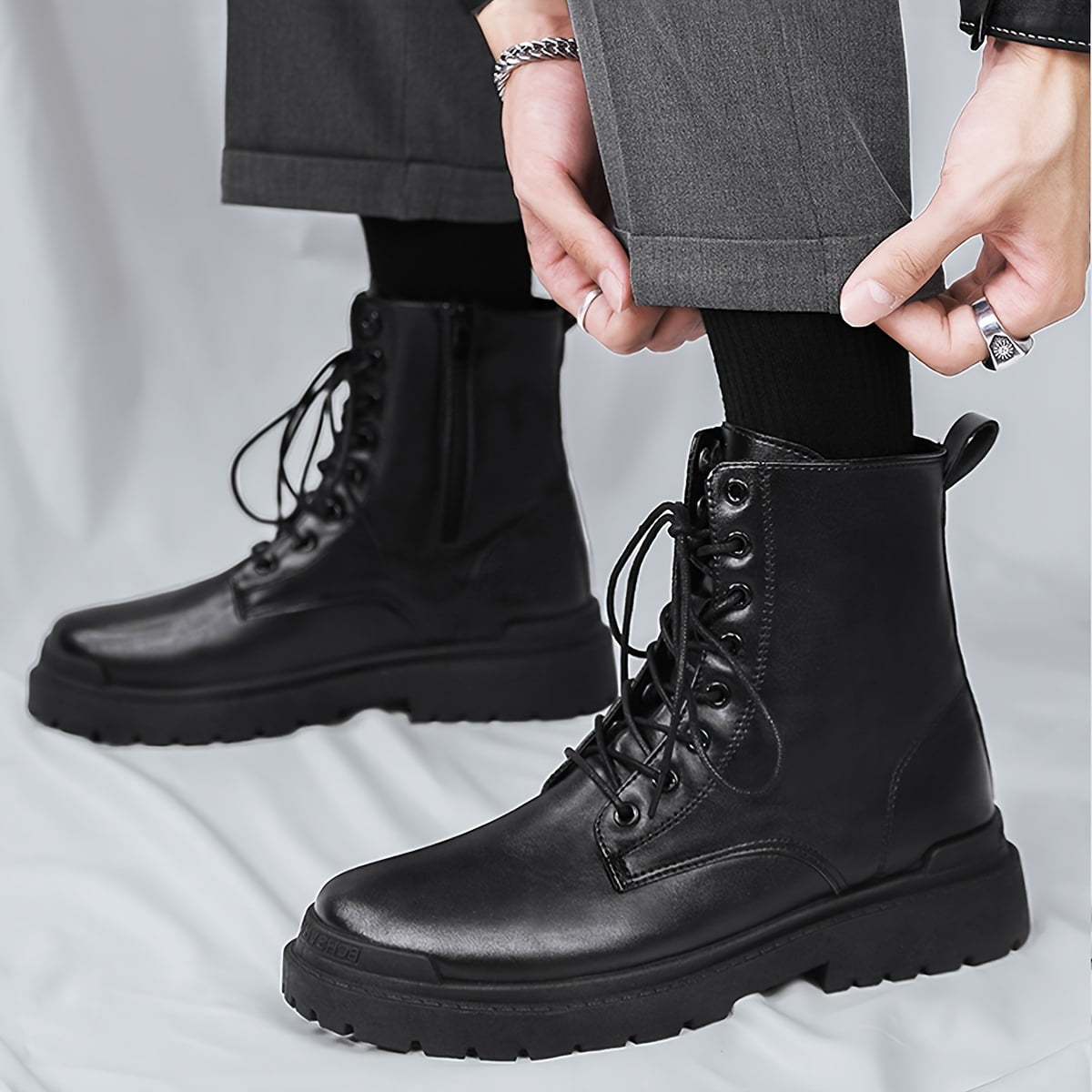 FLTHDD Men‘s Solid Colour Elegant PU Leather Upper High Top Boots Comfy