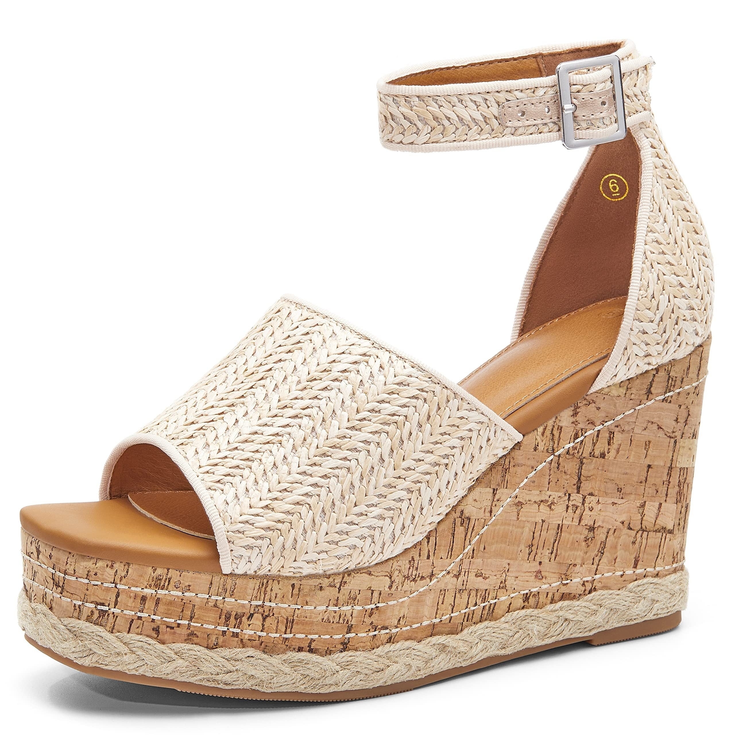 FLTHDD Women s Ankle Strap Chunky Wedge Sandals Cork Platform Summer Heels with Woven Fabric Upper Buckle Closure Versatile Fashion Footwear Gift Walmart