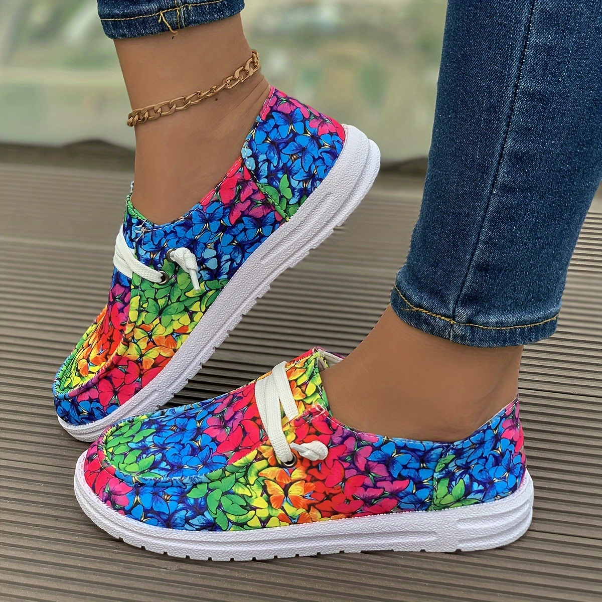 FLTHDD Women‘s Butterfly Print Canvas Shoes Casual Lace Up Outdoor