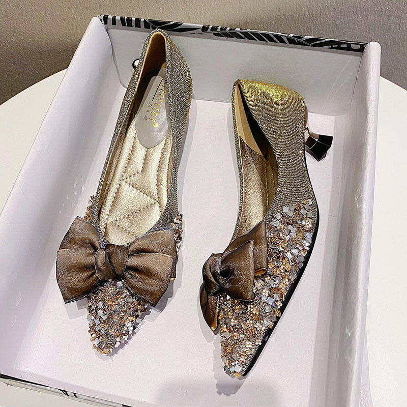 FLTHDD Women‘s Rhinestone Kitten Heels Bowknot Pointed Toe Slip On