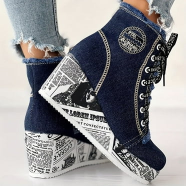 FLTHDD Women‘s Solid Color Denim Boots  Lace Up Trendy Platform Comfy Shoes  Versatile Round Toe Wedge Shoes Gift