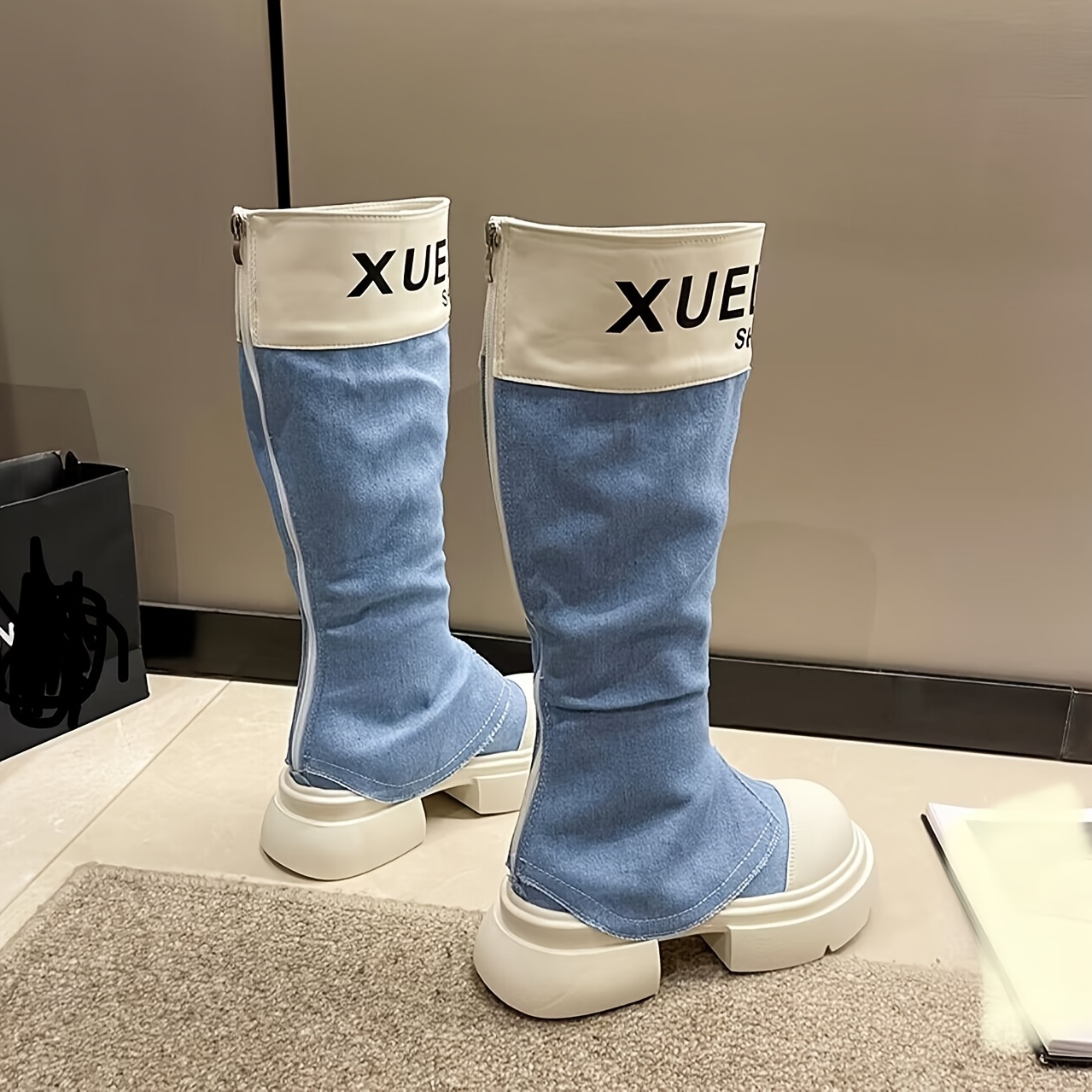 FLTHDD Women‘s Solid Color Long Boots Letter Print Back Zipper Round