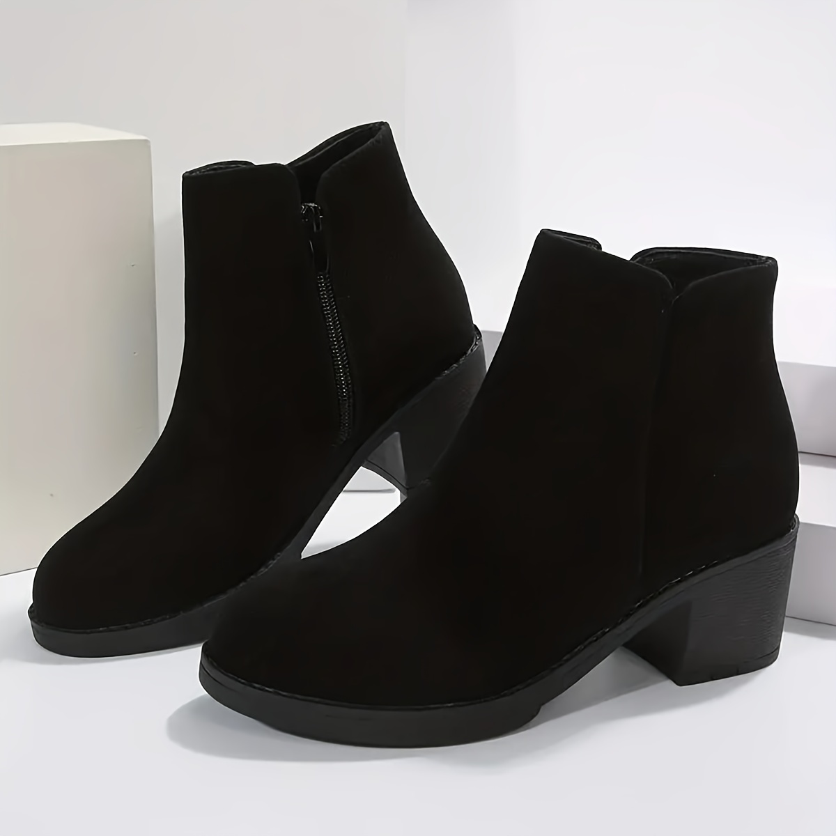 FLTHDD Women‘s Solid Color Suede Boots Side Zipper Chunky Heel Comfy ...
