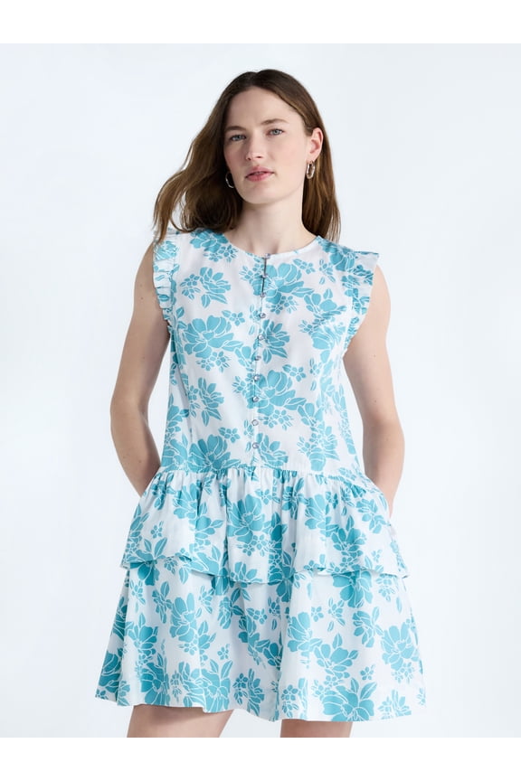 Women's Button Front Cotton Mini Dress with Flutter Sleeves, Sizes XS-XXL