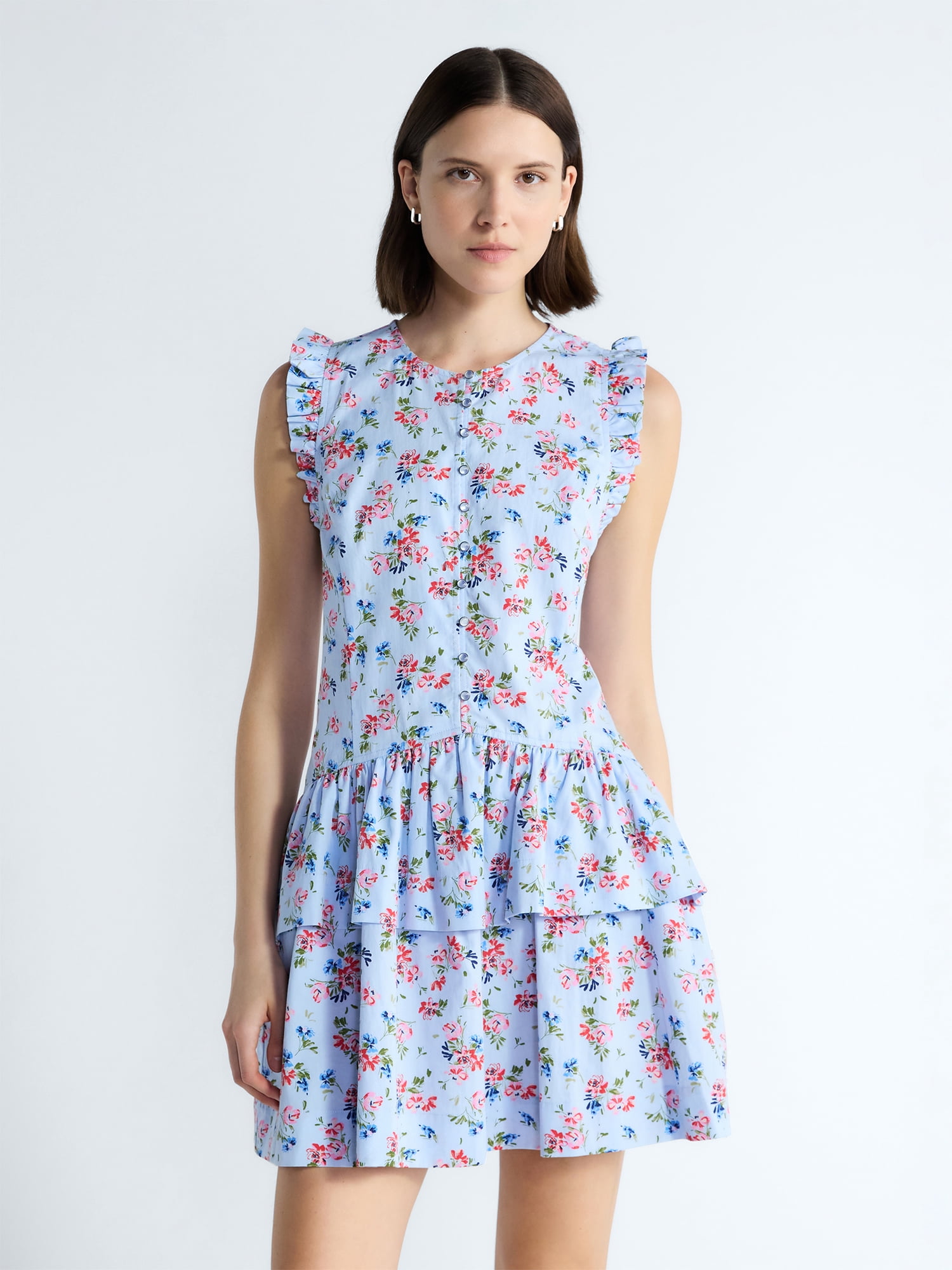 Free Assembly Women's Button Front Cotton Mini Dress with Flutter Sleeves, Sizes XS-XXL