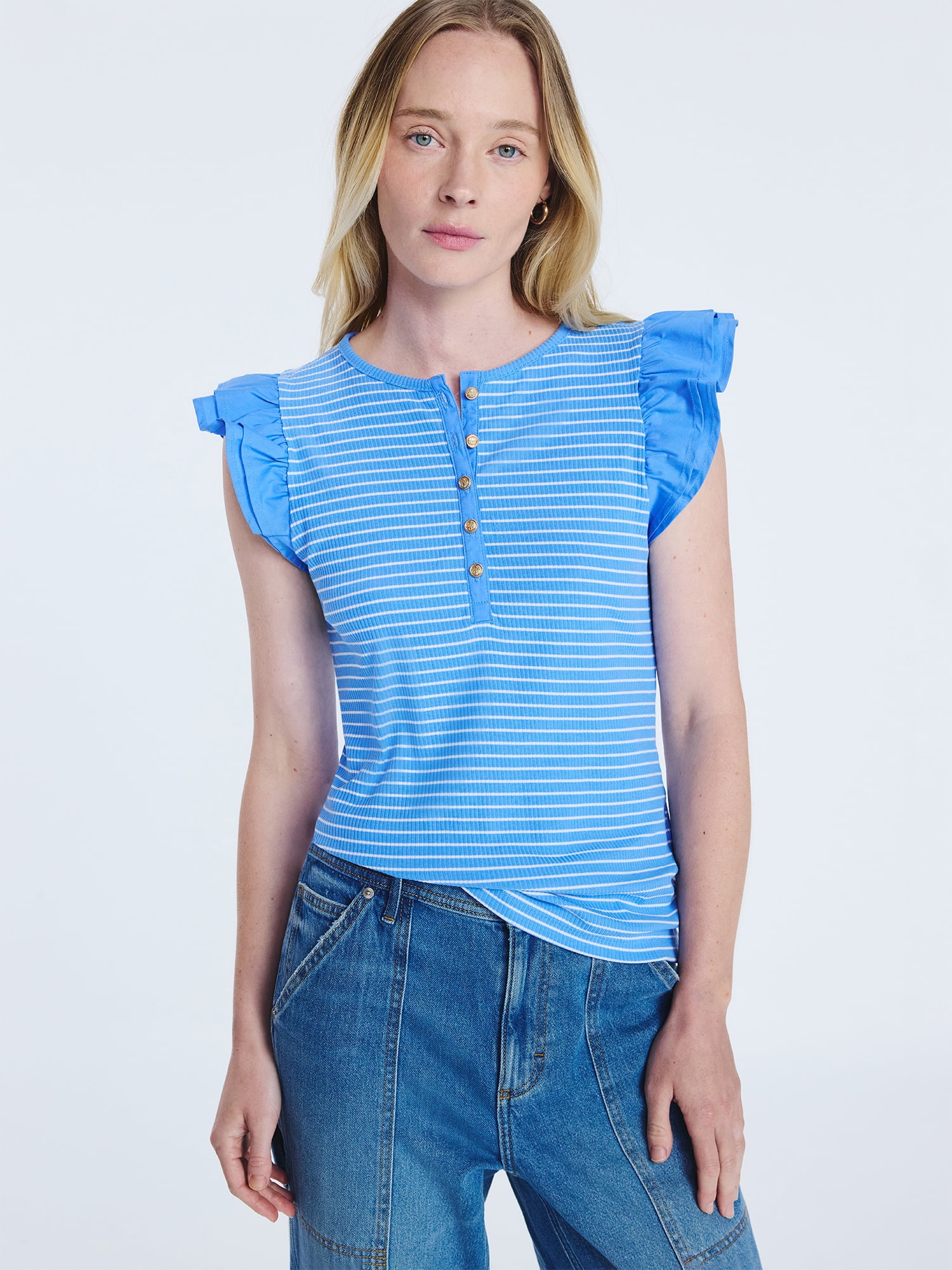 Free Assembly Women's and Women’s Plus Flutter Sleeve Henley Top, Sizes XS-4X