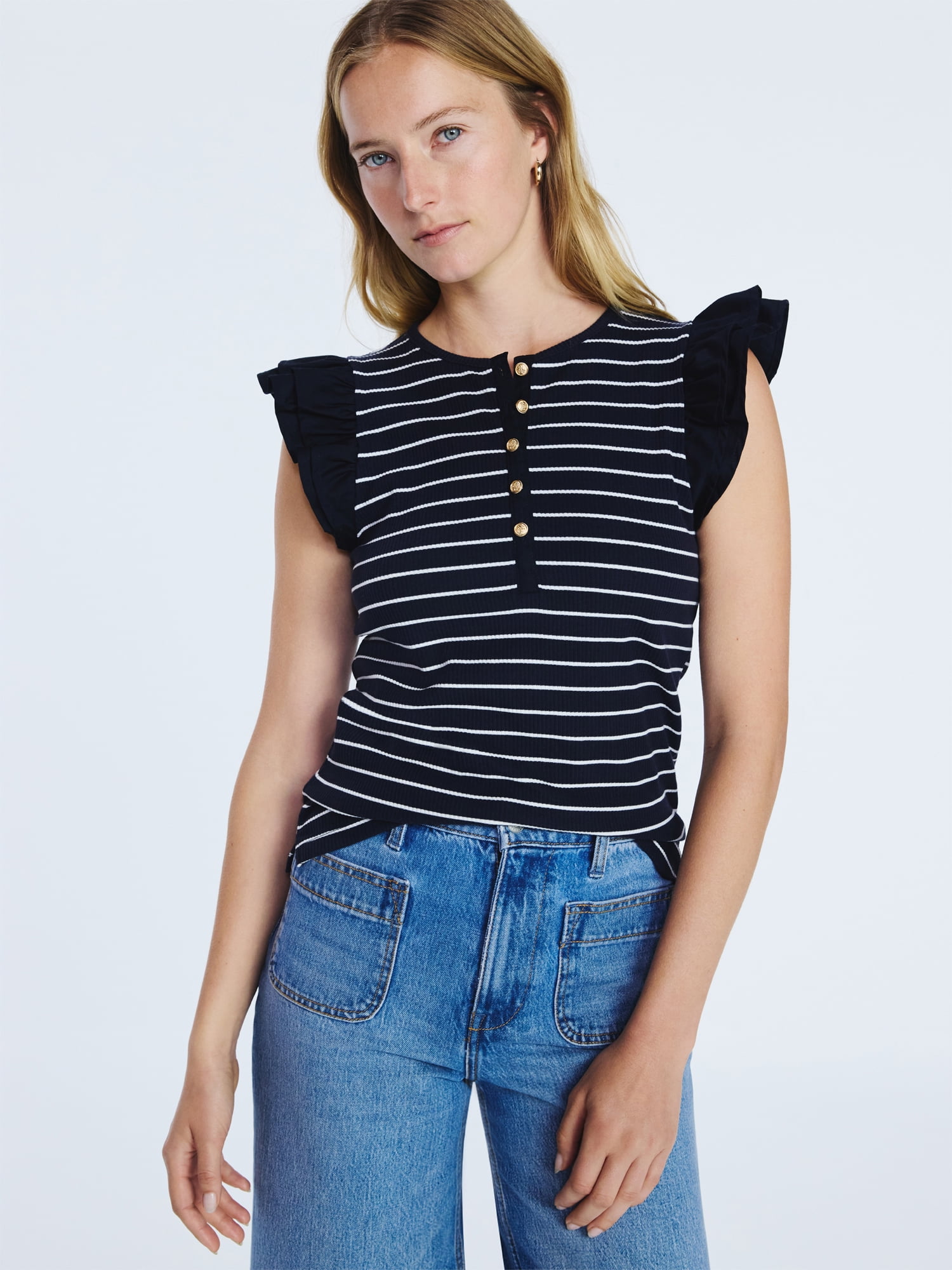 Free Assembly Women's and Women’s Plus Flutter Sleeve Henley Top, Sizes XS-4X