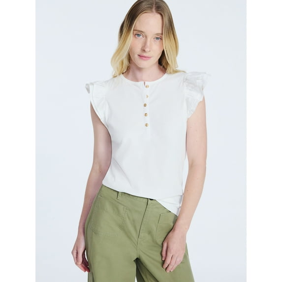 Free Assembly Women's and Women’s Plus Flutter Sleeve Henley Top, Sizes XS-4X