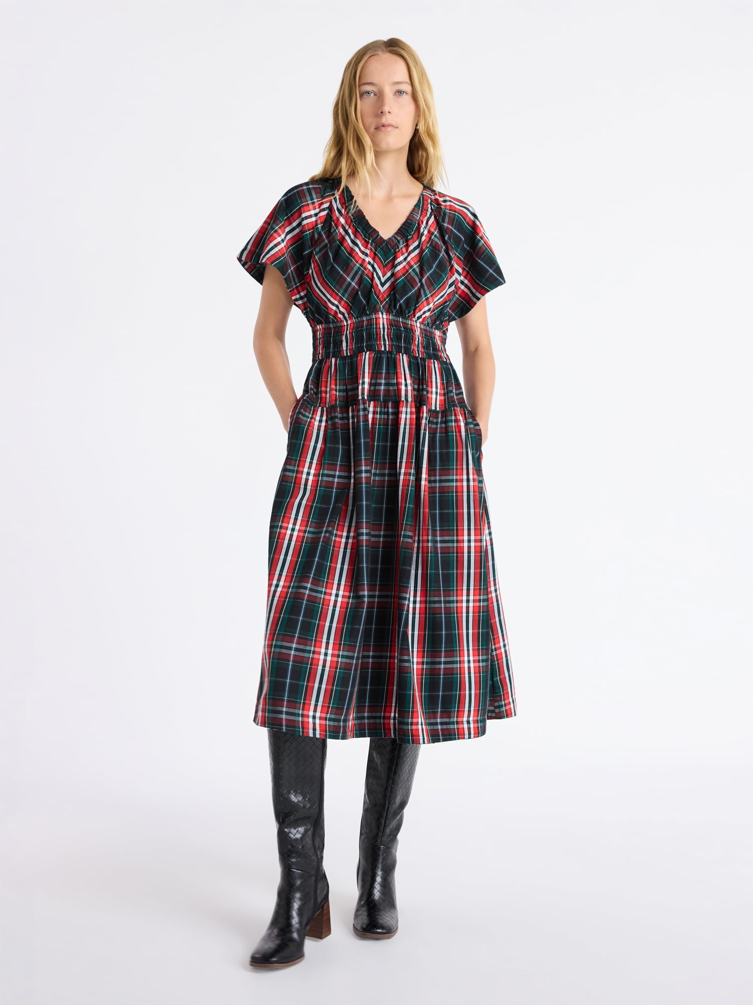 Free Assembly Women's and Women's Plus Cotton Smocked Waist Midi Dress with Flutter Sleeves, Sizes XS-4X