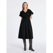 FREE ASSEMBLY Women's and Women's Plus Cotton Smocked Waist Midi Dress with Flutter Sleeves, Sizes XS-4X