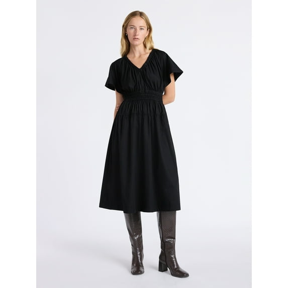 Free Assembly Women's and Women's Plus Cotton Smocked Waist Midi Dress with Flutter Sleeves, Sizes XS-4X