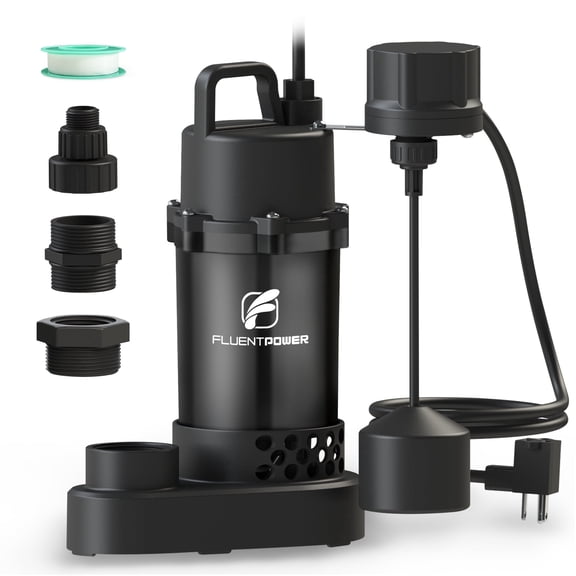 FLUENTPOWER 3/4HP 3500GPH Submersible Sump Pump, with Piggy-back Vertical Float Switch and 10' Cord, Portable Electric Cast Aluminum Sump/Sewage Pump for Basement Pool Garden Pond Basin, Black