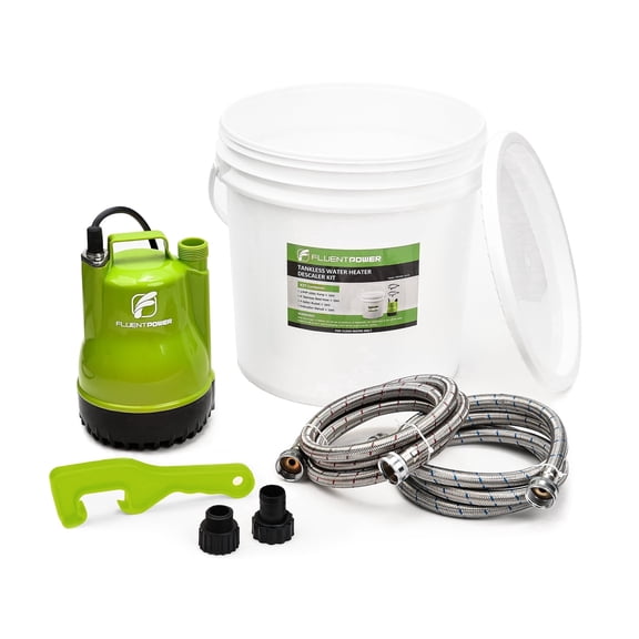 FLUENTPOWER Tankless Water Heater Descaling Flush Kit, Includes 1/4HP Submersible Utility Water Pump with Adapters, 4 Gallon Pail with Bucket Lid Opener, Two 3/4"GHT x 6' Stainless Steel Hoses