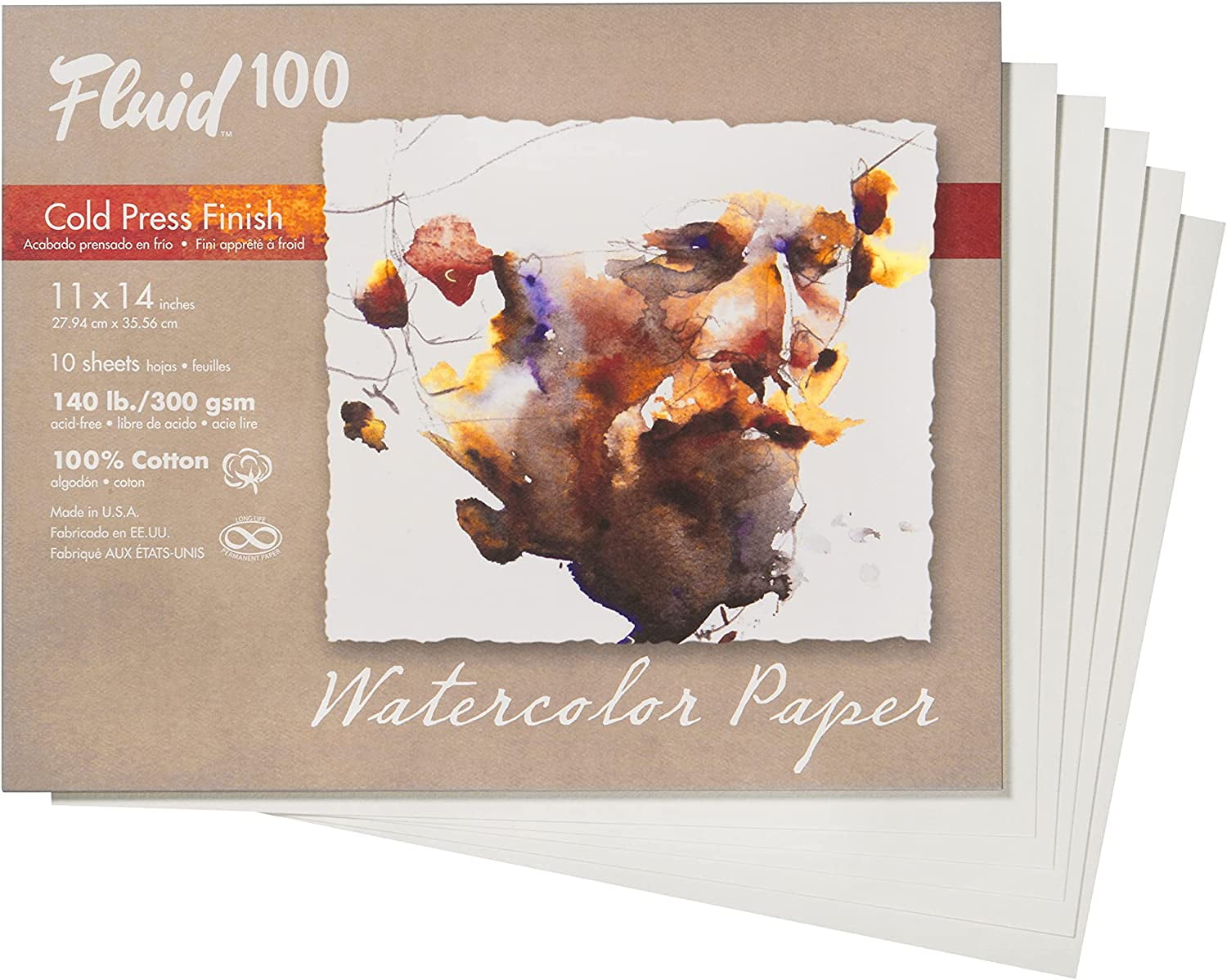 Speedball Fluid 100 Artist Watercolor Paper, 140 lb (300 GSM) 100% Cotton Cold Press for Watercolor Painting and Wet Media, 11 x 14 Pochette, 10 Sheets