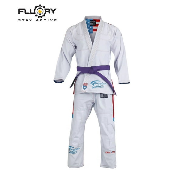 FLUORY Adult All Around Brazilian Jiu Jitsu BJJ Gi with American Flags Embroidery no Belt