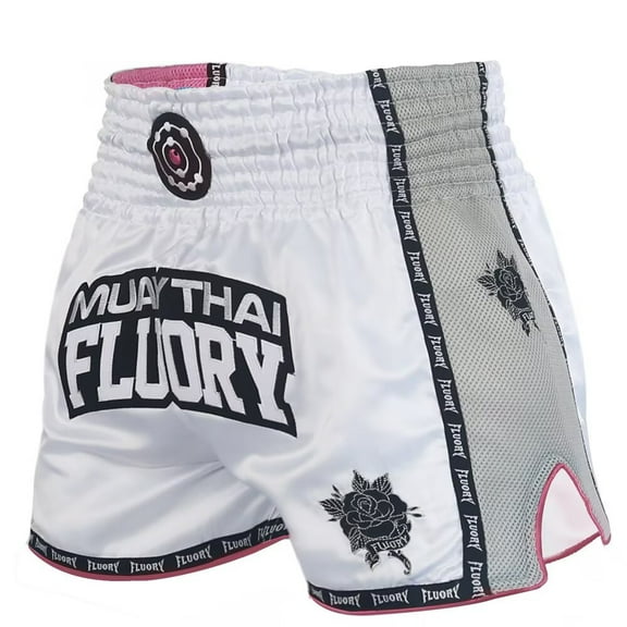 FLUORY Muay Thai Shorts Free Combat Mixed Martial Arts Boxing Training Match Pants Side Hollow out Rose Embroidery Shorts