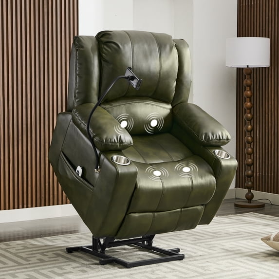 FLUSGO Power Lift Recliner Standing Chair with Massage, Breathable Leather Recliner Chair with Phone Holder, Remote Control, USB Port, 2 Pcs Stainless Steel Cup Holder & Side Pockets