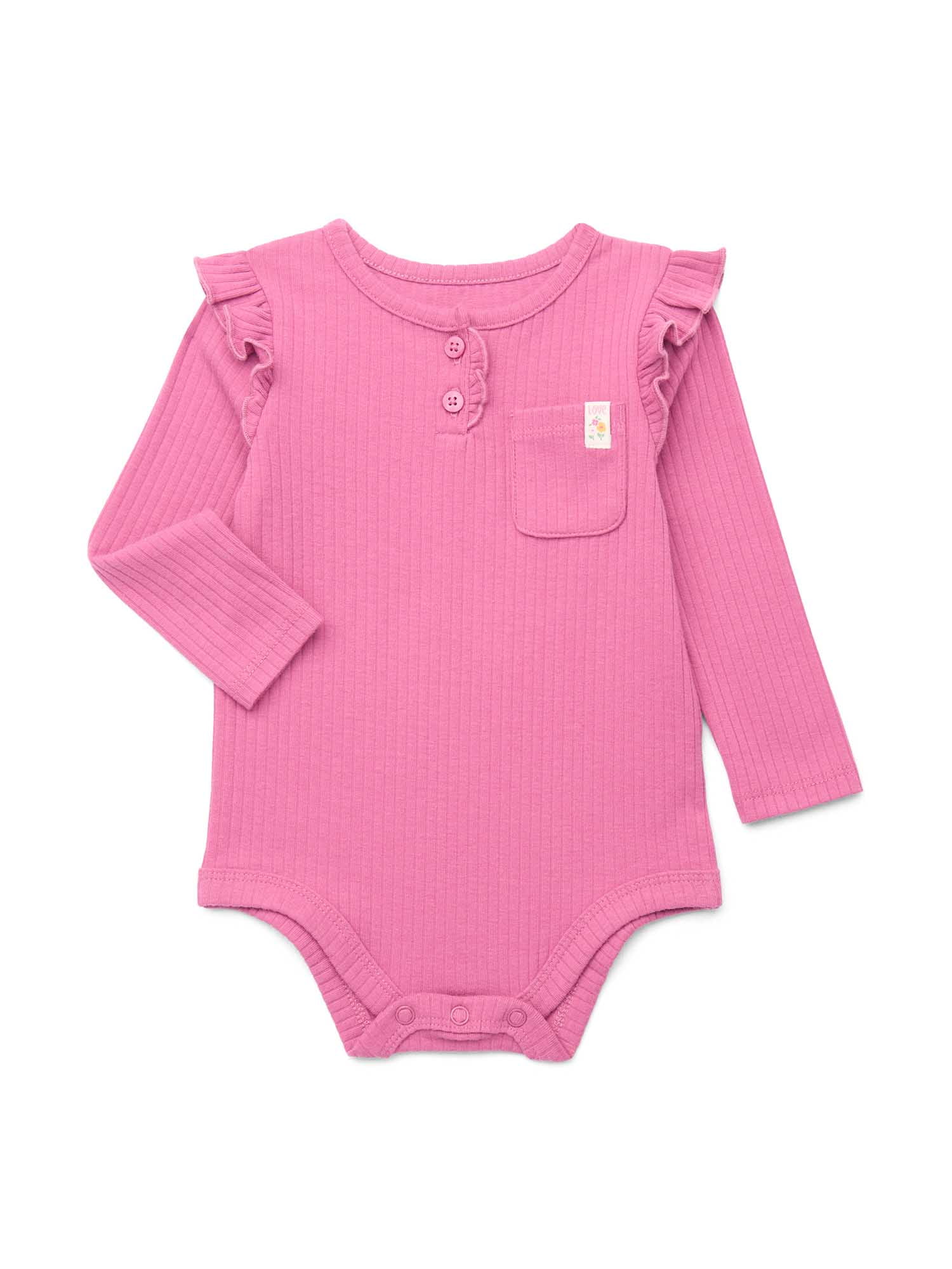 Garanimals Baby Girl Henley Bodysuit with Front Pocket and Long Sleeves, Sizes 0-24 Months