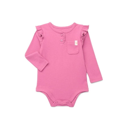 Garanimals Baby Girl Henley Bodysuit with Front Pocket and Long Sleeves, Sizes 0-24 Months