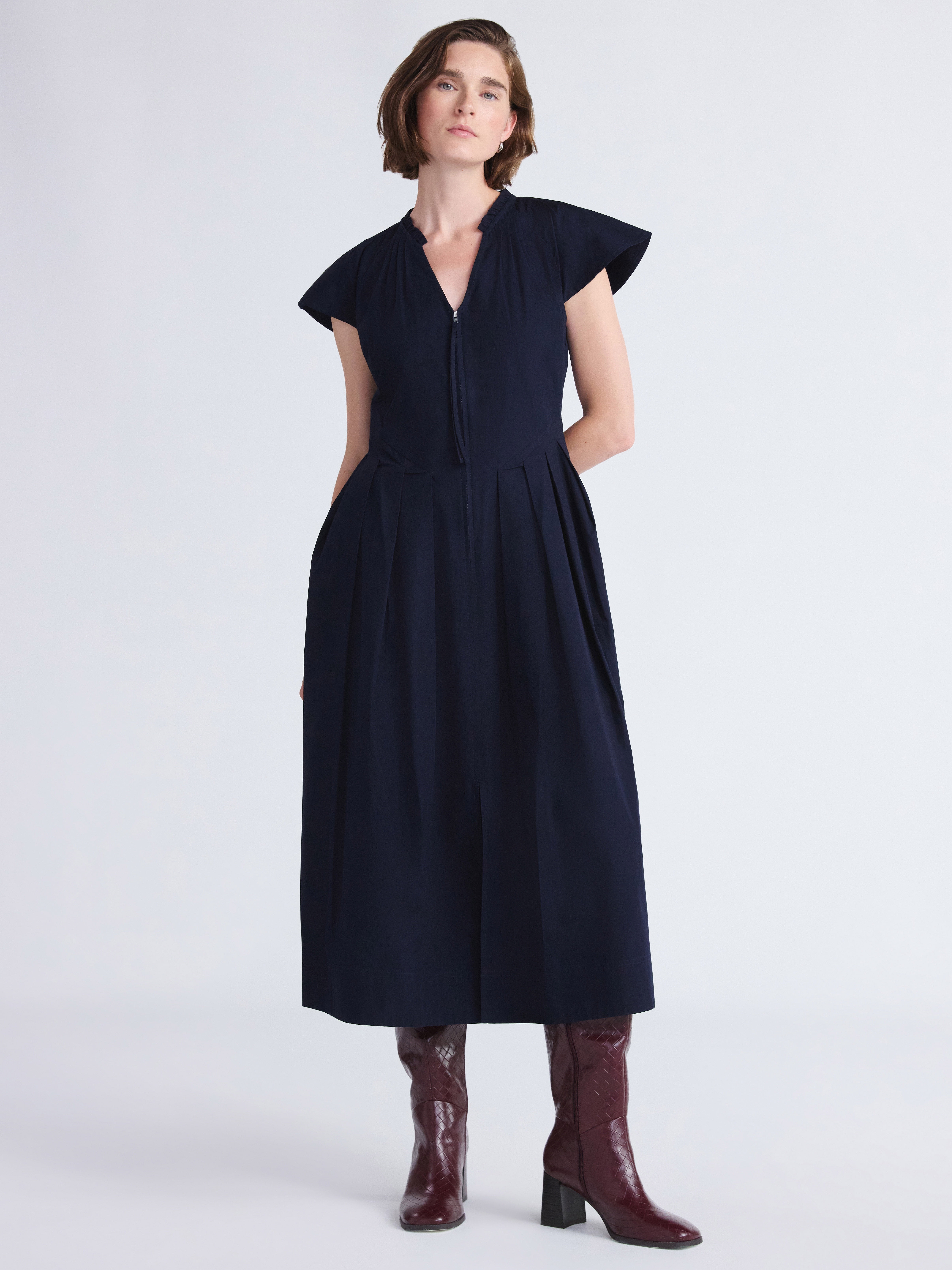 Free Assembly Women's and Women's Plus Zip Front Cotton Maxi Dress with Flutter Sleeves, Sizes XS-4X