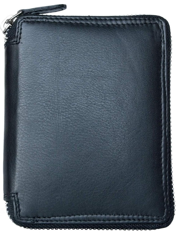 FLW Men's Large Metal Zip-Around Black Leather Wallet, Black,  Size, Tri Fold
