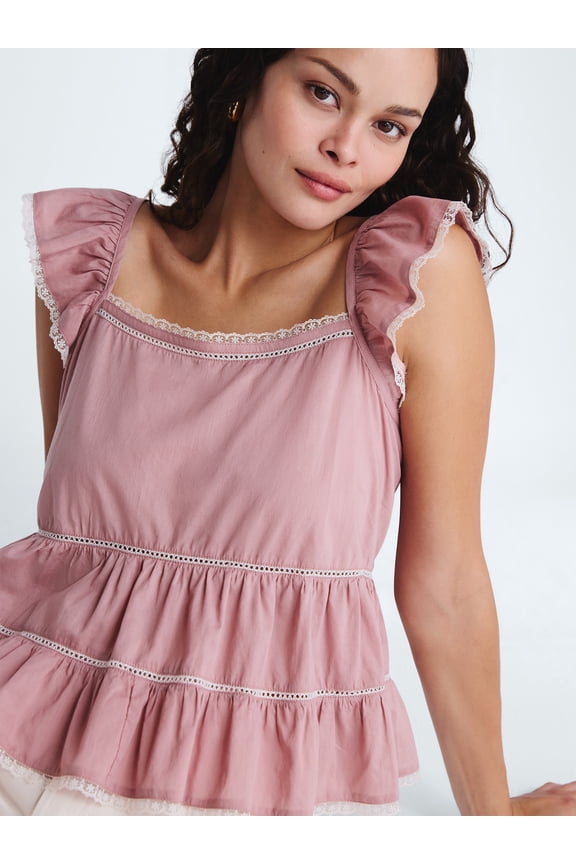 Women’s Flowy Lace Cotton Top, Sizes XS-XXL