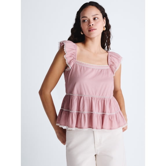 Scoop Women’s Flowy Lace Cotton Top, Sizes XS-XXL