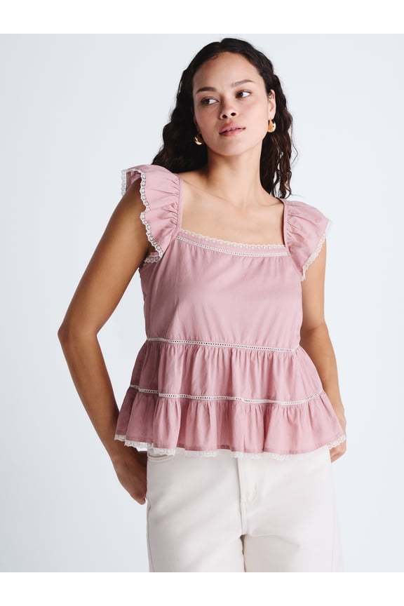 Women’s Flowy Lace Cotton Top, Sizes XS-XXL