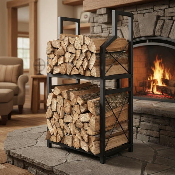 FLY HAWK 2-Tier Firewood Rack Stand, 13"W Heavy Duty Logs Holder, Metal Wood Pile Storage for Outdoor Indoor Patio, Black