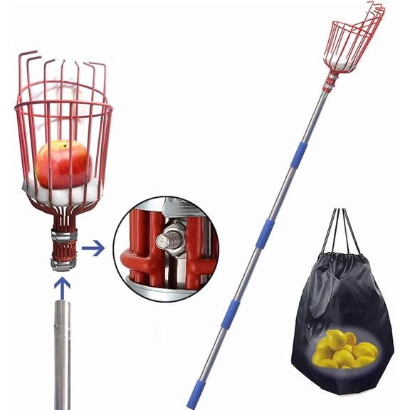 FLY HAWK Fruit Picker Tool, a 8 FT Long Fruit Picker Equipped with Optional Splicing of Lightweight Stainless Steel to Pick Apples, Oranges and Fruit Trees
