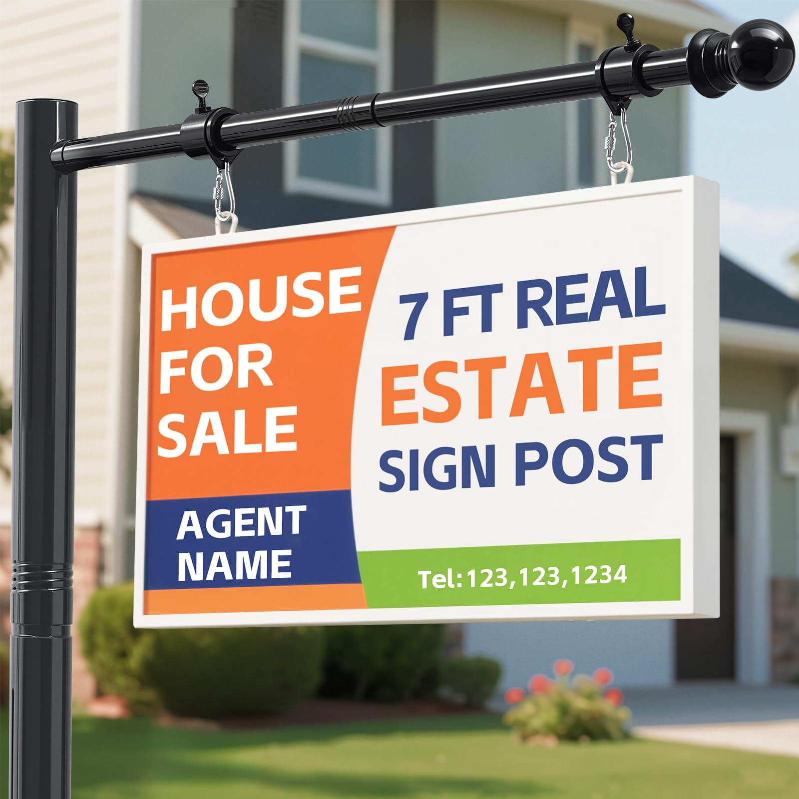 FLY HAWK Real Estate Sign Post 7ft Tall, Realtor Yard Sign Post for Open House and Home for Sale Outside, 32" Arm Holds up to 25" Sign, White (No Sign Included), Black