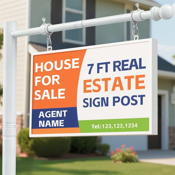 FLY HAWK Real Estate Sign Post 7ft Tall, Realtor Yard Sign Post for Open House and Home for Sale Outside, 32" Arm Holds up to 25" Sign, White (No Sign Included)