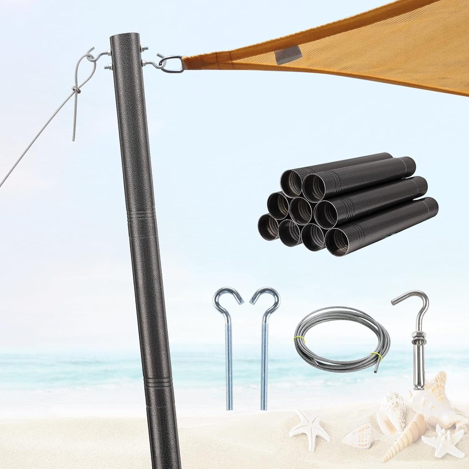 FLY HAWK Shade Sail Poles Kit, 12ft Heavy Duty Sun Shade Sail Pole Adjustable Metal, 2.5in Thick Diameter Outdoor Sail Shade Pole for Garden Patio Backyard Lawn and String Light, Black