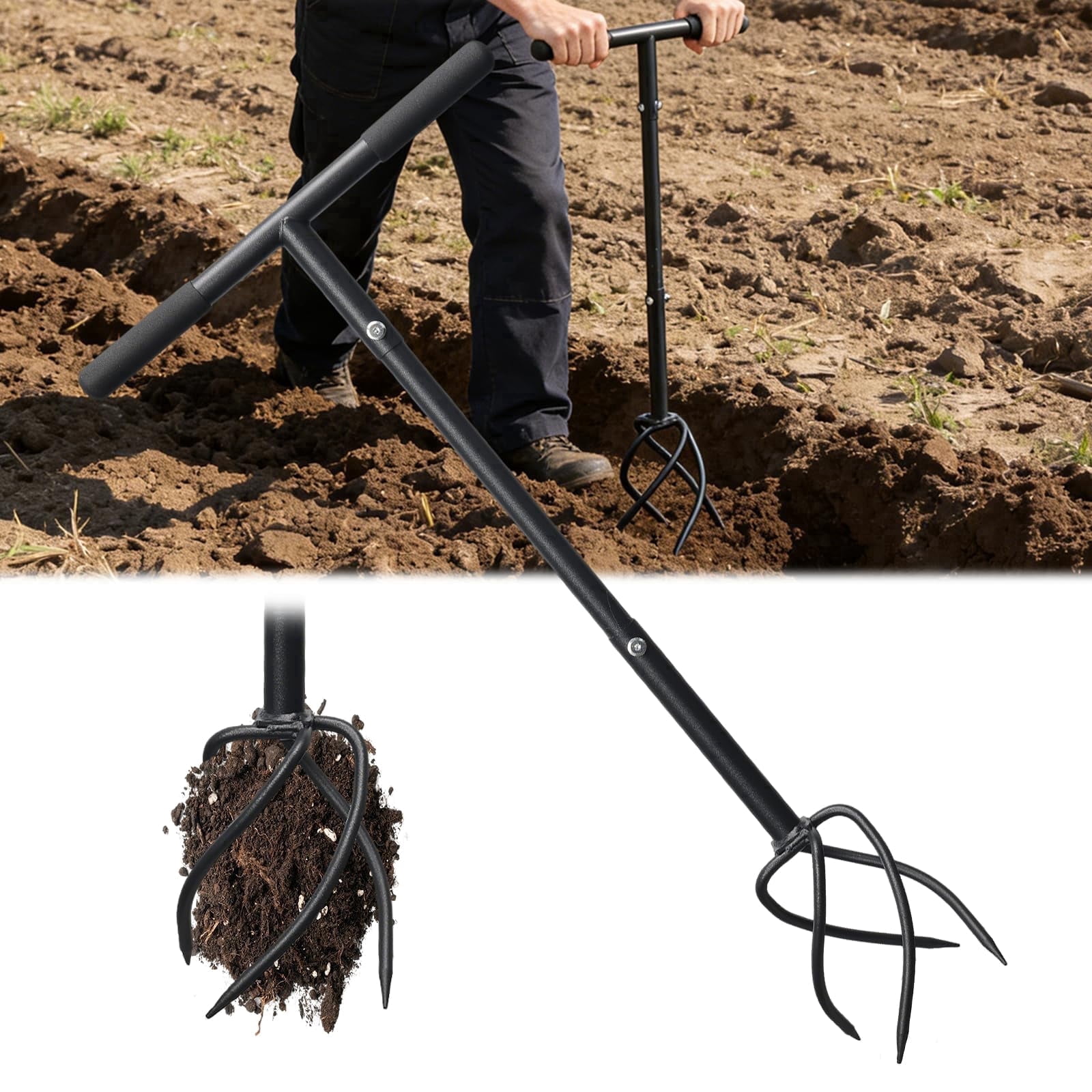 FLY HAWK Hand Tiller &  Cultivator with 4 Curved Claws for Gardening Weeding Garden Box, 34in Garden Tool, Black