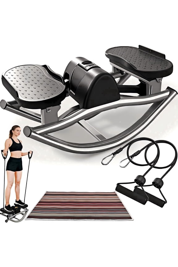 Rocking Stepper for Exercise at Home Portable Rock Stepper from Side to Side with Resistant Bands and Non-Slip Mat - Silver