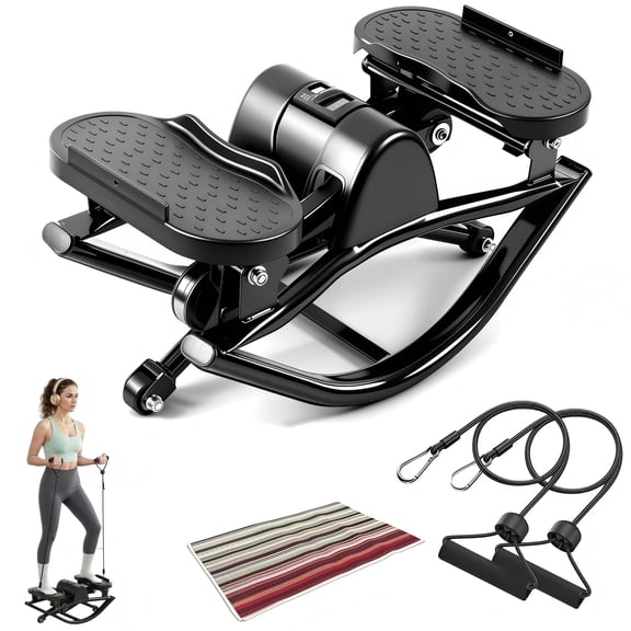 Flybrother Rocking Stepper for Exercise at Home Portable Rock Stepper from Side to Side with Resistant Bands and Non-slip Mat - Black
