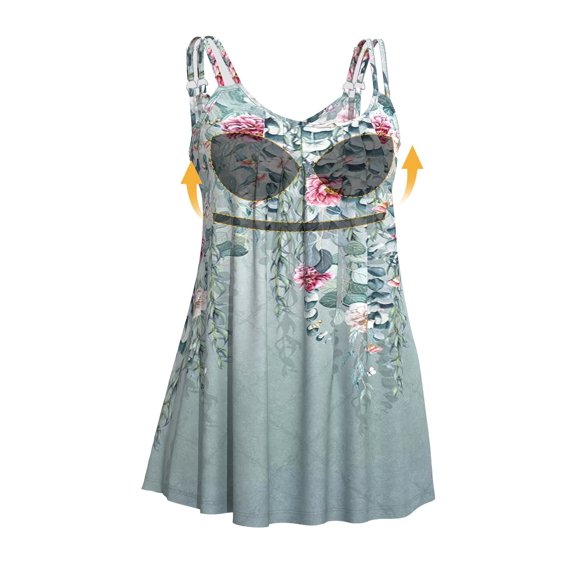 FLYCURVY Plus Size Cami with Built in Bra Casual Dusty Blue Floral Print Tank Top for Women Comfy Loose Fit